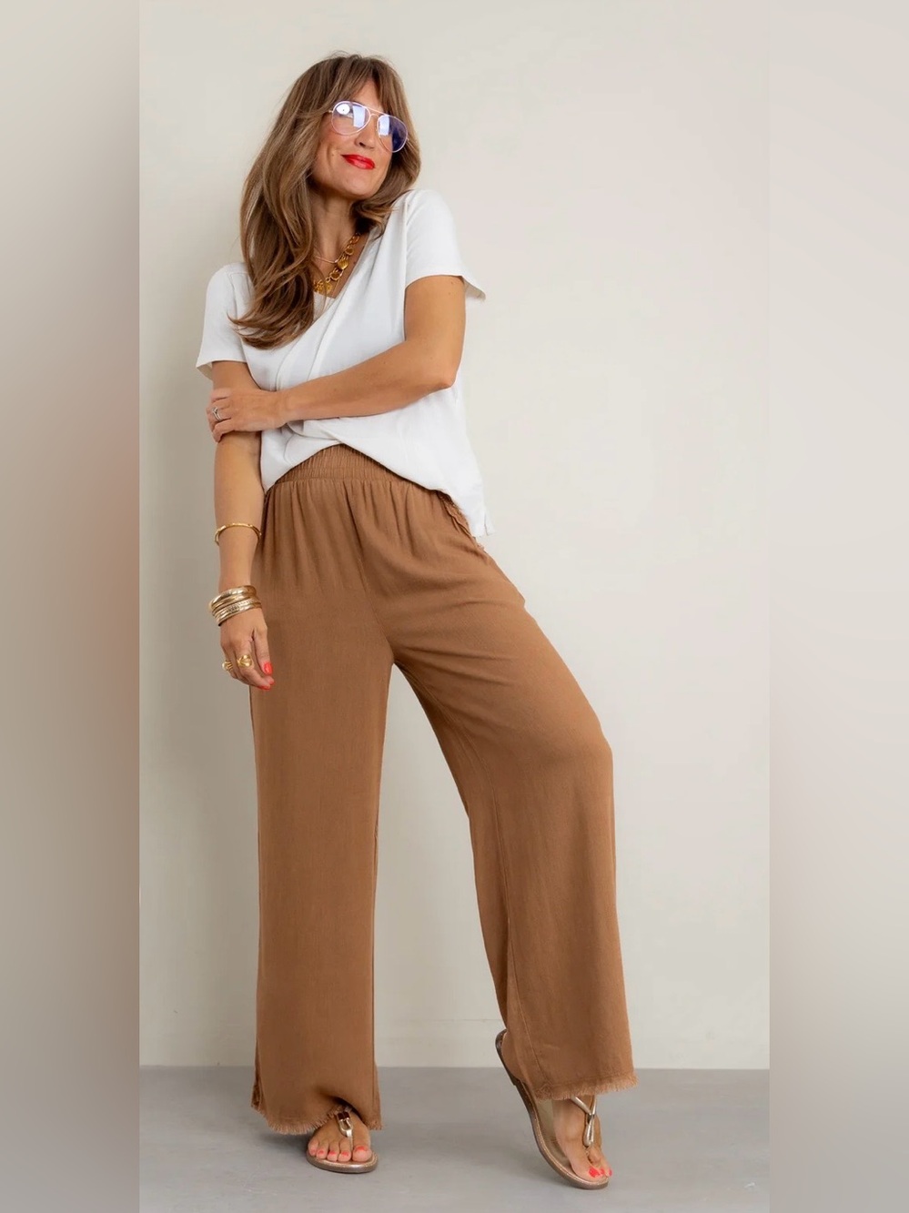 NWOT Zenana Linen blend Camel Raw Hem pants Sz M